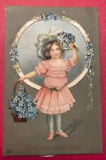 1908 rare MECHANICAL Little Girl FLOWER Bouquet Germany embossed postcard picture