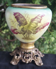 Antique Victorian 1880s Consolidated Milk Glass Oil Lamp - HAND PAINTED FERN picture