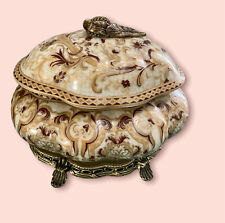 VTG Rare Amita Porcelain Bronze Leg Casket Trinket Jar Box Lead Burgundy Gilded picture