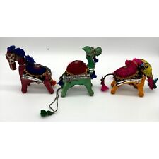 Vtg Anglo Raj Elephant Camel Horse Ornament Set w/ Mirror & Beads Made in India picture