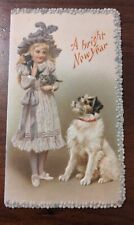 A Bright New Year Dog Cats & Girl Embossed Victorian Card Antique 1903 picture