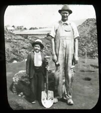 Antique 1930s Glass Slide Oddity Dam Workers Little Man Tall Couple picture