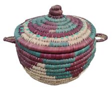 Large HANDMADE African Style Vintage Woven Coiled Round Basket Lid Maroon Green picture