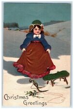 PFB Christmas Postcard Greetings Little Girl Sled Holly Berries Winter Scene picture