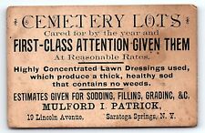 c1890 CEMETARY LOTS SARATOGA SPRINGS NY MULFORD I PATRICK AD TRADE CARD P822 picture