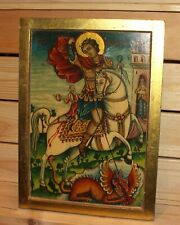 Vintage hand painted icon Saint George killing the dragon picture