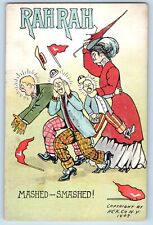 Artist Signed Postcard Comic Humor Rah Rah Mashed Smashed Angry Woman c1910's picture
