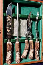 VTG Solingen Germany 4pc Knife Set, Klaus Tragbar Carved Antler Handles Wood Box picture