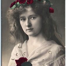 c1900s Adorable Young Lady w/ Hand Colored Roses Hair RPPC Cute Girl Photo A148 picture