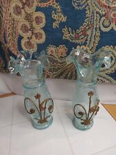 Pretty Pair Vases 1950's Ormolu Art Thick CrackleGlass Ruffled 9 Inch Aqua Green picture