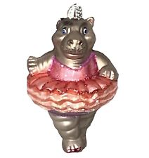 Old World Glass Blown Ballerina Hippo Animal Ornament Wearing Pink Tutu CUTE picture