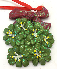 Vintage Green Boughs of Holly Red Bow Christmas Ornament Sparkle Glitter  picture