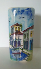 Vtg Handcrafted Signed Art Pottery Vase Hand Painted Nautical Boat Marina Scene picture
