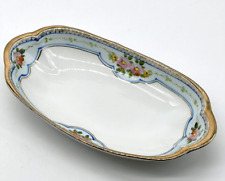 Vintage Nippon Hand Painted Oval Trinket Soap Dish Pink Floral Gold Blue Trim picture