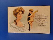 Antique 1913 VALENTINES DAY Postcard Cupid Hold Mirror Beautiful Gibson Girl picture