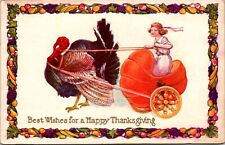 Thanksgiving Day Greetings Postcard Turkey Pulling Girl in Pumpkin Cart Chariot picture