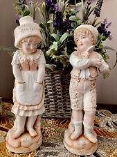 Antique German Bisque Porcelain Pair Large Figurines Boy & Girl in Fancy clothes picture