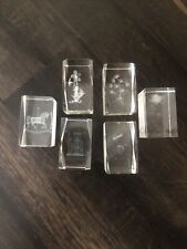 Lot Of 6 Vintage 3D Laser Etched Crystal Glass Cube Paperweight Lucite picture
