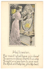 VINTAGE HALLOWEEN POSTCARD -SCARCE LADY LOOKING FOR HER FUTURE HUSBAND IN MIRROR picture