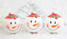 Trio Jolly Happy Face Snowmen Glass Christmas Ornaments picture