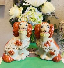 Pair Of Vintage Staffordshire Dogs With Baskets, Red And White picture