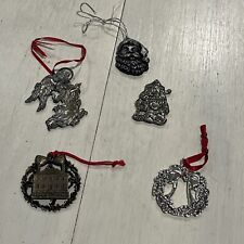 Metal Ornaments Lot Of 5 Vintage Pewter, Brass, Silver:Wreath Santa House Angel picture