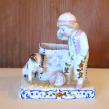 Antique French Porcelain Toothpick Holder Boy with Dog & Basket of Spilled Eggs picture