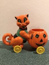 EXCELLENT VINTAGE ROSBRO ROSEN HALLOWEEN CAT PUSHING JOL CANDY CONTAINER picture