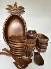 Vintage MCM Pineapple Monkey Pod Wood Salad Bowl Set picture