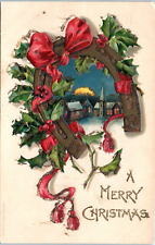 Postcard A Merry Christmas Golden Horse Shoe Chruch Night embossed USA picture
