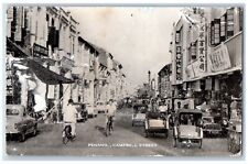 Penang Malaysia Postcard Campbell Street Bicycle Buildings Classic Cars c1940 picture