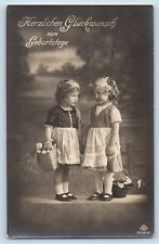 Germany Postcard RPPC Photo Birthday Little Girls With Flowers Basket c1910's picture