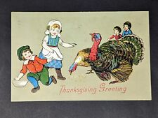 Antique Postcard Dutch Children Thanksgiving Turkey Embossed 1907 Saxony Print picture