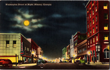 Vtg Postcard Washington Street at Night, Moonlight, Parked Cars, Albany, GA picture