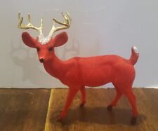 Vintage Red Plastic Velvet Flocked Christmas Reindeer Gold Horns Glitter 7