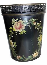 Vintage Plymouth Tole Trash Can Waste Basket Hand Painted Floral on Black Signed picture