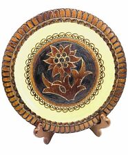 Polish Carved Wood Round Floral Plate Folk Art Poland Vintage picture