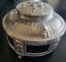 Antique Silver Over  Pewter Lidded Jewelry/Trinket Box W/ Cobalt Blue Glass 5.5