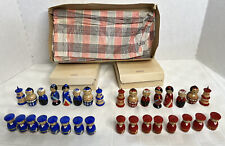 Vintage Japanese Kokeshi Complete 32 pc Wooden Chess Set w/ orginal box + paper picture