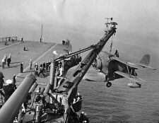 WWII B&W Photo Grumman J2F Duck Hoisted Onto USS Lexington CV-2  WW2 USN / 7092 picture