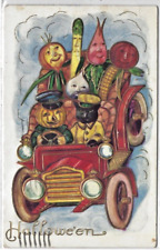 Halloween Postcard Old Car JOL Driver Anthropomorphic Vegetable People Black Cat picture