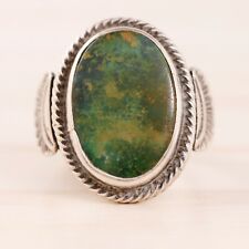 EARLY OLD PAWN STERLING SILVER GREEN CERILLOS TURQUOISE APPLIED SIDE RING SIZE 4 picture