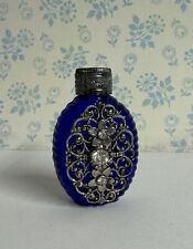 Czech Republic Bohemia Glass Mini Cobalt Perfume Bottle ~ Filigree ~ Rhinestones picture