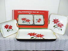 Japan Hand Painted 3 pc Lacquerware Tray Set PoinsettIa Floral 