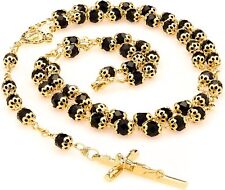 Rosary Necklace Black Crystal Prayer Beads 24K Real Gold Plated picture