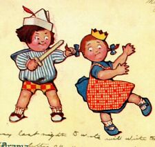 Mean Boy Pulling Girl Hair Vintage Postcard Sword Chubby Face Children QU picture