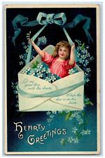 c1910's Hearty Greetings Girl In Envelope Pansies Flowers Embossed Postcard picture