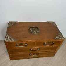 Vintage60s Antique Wood Jewelry Box Brass Velvet Drawers Boho picture