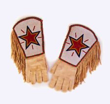 Handmade Old American Sioux Style Suede Hide Beaded Gauntlets Gloves GN125 picture