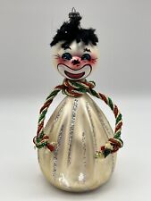 Vintage Decarlini Blown Hand Painted Clown Black Hair Christmas Ornament 5.5” picture